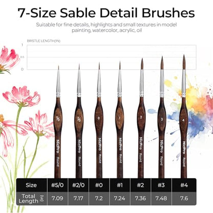 Nicpro 7pcs Kolinsky Sable Miniature Paint Brushes with Cloth Roll - size: 7 PCS (brown)