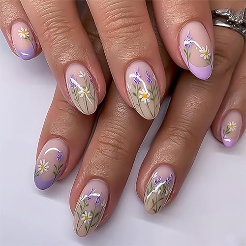 RTKHFZE Press on Nails Almond French Tip Fake Nails Medium False Nails with Flower Designs Artificial Nail Glossy Purple Glue on Nails Cute Summer Stick on Nail for Women 24Pcs - color: Style06