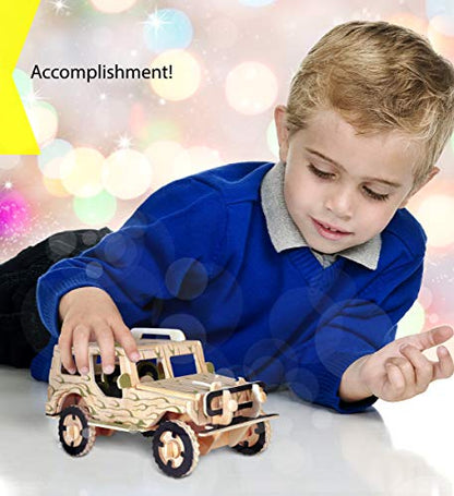 Puzzled 3D Puzzle Off-Road Vehicle Wood Craft Construction Model Kit, Fun & Educational DIY Wooden Toy Assemble Model Unfinished Crafting Hobby Puzzle to Build & Paint for Decoration 50 Pieces Pack