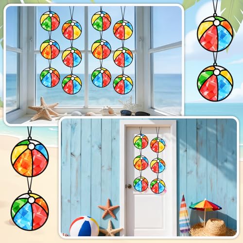 Qyeahkj 36 Set Beach Balls Suncatchers Craft for DIY Summer Party Paper Craft Kit Game Beach Balls Stained Glass Window Ornaments Decoration for Home Art Project Party Favor Gift - style: Beach Balls