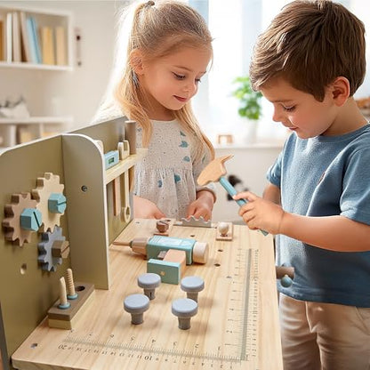 Kids Tool Set,Wooden Tools Bench with Apron Toddler Toy Workbench with Realistic Tools Electric Drill STEM Construction Toy Gifts for Age 3-9 Boys Girls - style: Wooden Tool Bench