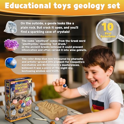 Gemstone Dig Kit for Kids with 2 Tools, 10 Real Gems Tektite
