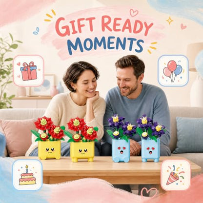 Botanicals Happy Plants Building Sets | 2 Cute Happy Plants Flowers Set, Succulents Botanical Collection for Home Office Décor, Gift for Women Wife Mom(222Pcs) - style: Yellow and Blue