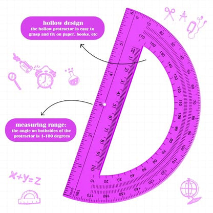 Zonon 2 Pcs 12 Inch Clear Ruler and 6 Inch Plastic Protractor Set, Purple - color: Purple