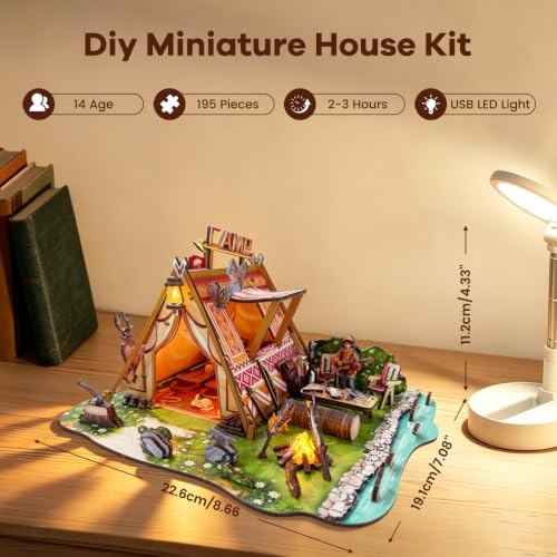 3D Wooden Puzzles for Adults, 195PCS Wild Camping Miniature House Kit with USB LED Lights, DIY Mini House Building Kit, Unique Collectible Home Decor Gift for Teens 14+