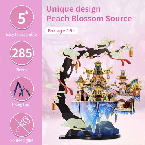 Microworld 3D Metal Puzzle for Adult, Peach Blossom Source Architecture Metal Model Kits, DIY Brain Teaser Challenge 3D Puzzles for Adults, Art Craft Buliding Home Decor Gift for Age 16+