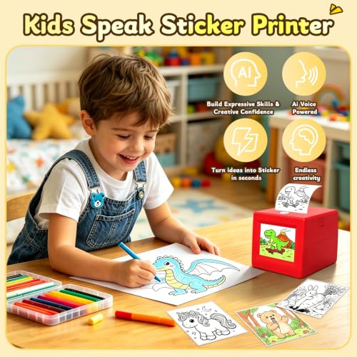 AI Voice Sticker Printer for Kids, Inkless|Wireless|Rechargeable Portable AI Mini Sticker Maker for DIY Arts and Crafts,3 4 5 6 7 8 9 10 11 12 Year Old Boys Girls Birthday Gift