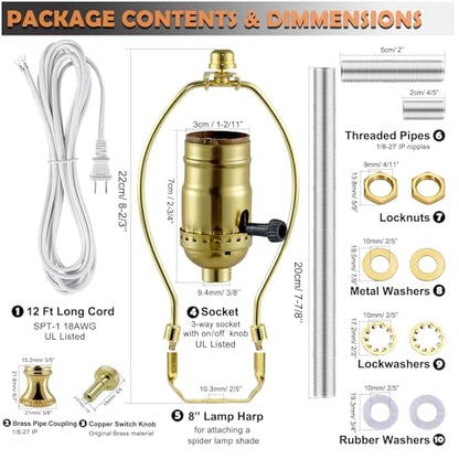 Lamp Making Kit,Make a Lamp or Repair Kit,3-Way Lamp Socket with Matching Cord Lamp Harp Set,Lamp Wiring Kit for Table Floor Lamp,Essential Hardware for DIY Lamp Design or Repair (Gold, 1) - style: Gold