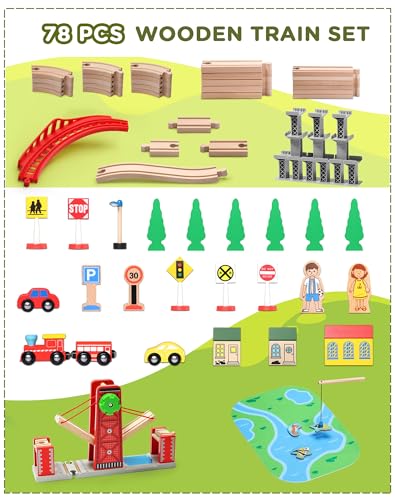 SainSmart Jr. Wooden Train Set for Toddler, Double-Side Wood Train Track with 4 Trains Fits Brio, Thomas, Melissa and Doug, Toy Railway Kit for Kids Ages 3+ - style: Classic or Traditional
