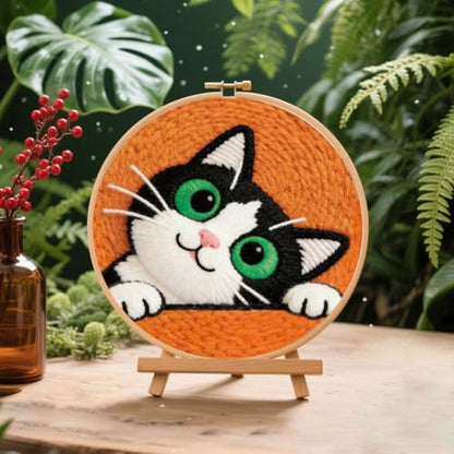 BEUNITONE 2Pcs Cute Cat Punch Needle Kit for Beginners, with Hoop-20x20cm - color: 03-Peeking Cat