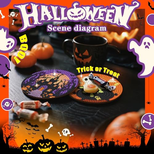 Leatrice 6 PCS Halloween Diamond Art Coasters Kits 4 in Trick or Treat - color: BB halloween