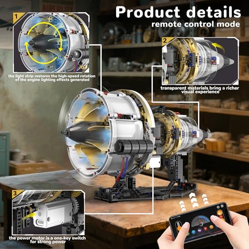 BrixVibe Aircraft Engine Building Set That Works, Mini Turbojet Model Kit Technic with APP Control Light & Motor, Collectible Mechanical Engineering for Boys 14+ Adults