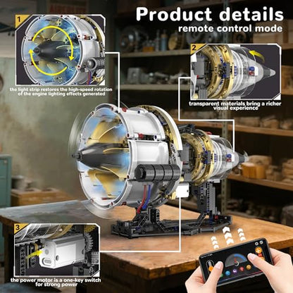 BrixVibe Aircraft Engine Building Set That Works, Mini Turbojet Model Kit Technic with APP Control Light & Motor, Collectible Mechanical Engineering for Boys 14+ Adults