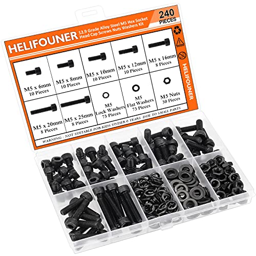 HELIFOUNER 240 Pieces M5 x 6mm /8mm /10mm /12mm /16mm /20mm /25mm, Hex Socket Head Cap Screws Bolts Washers Nuts Kit, 12.9 Grade Alloy Steel, Full Threaded, Black - size: M5, style: Socket Head