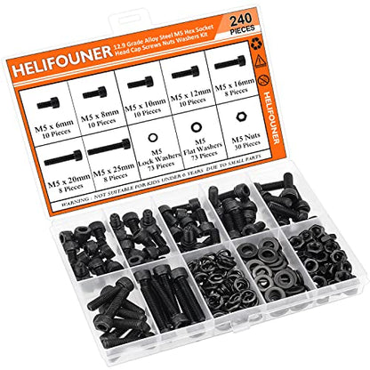 HELIFOUNER 240 Pieces M5 x 6mm /8mm /10mm /12mm /16mm /20mm /25mm, Hex Socket Head Cap Screws Bolts Washers Nuts Kit, 12.9 Grade Alloy Steel, Full Threaded, Black - size: M5, style: Socket Head