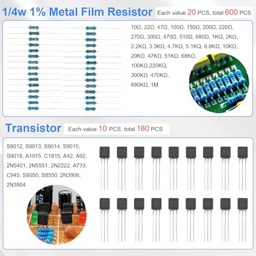 Electronic Component Kit, 1628 Pcs DIY Electronics Kit with LED Diodes, Diodes, Metal Film Resistors, Electrolytic Capacitor, Transistors, Ceramic Capacitors, Dupont Wire, PCB Board, Breadboard - size: 1628 Pcs