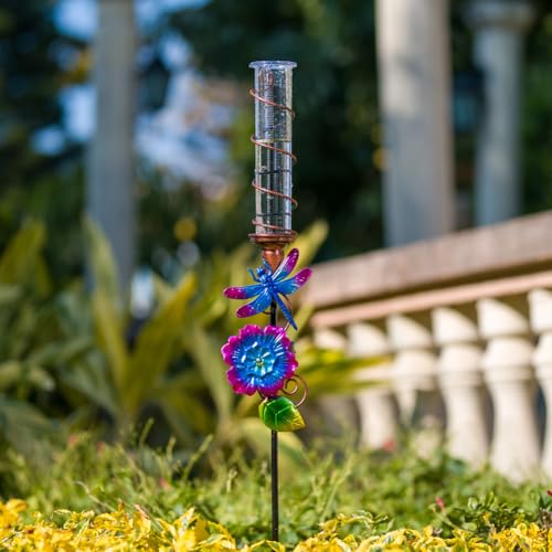 Stargarden Rain Gauge Outdoor, Dragonfly Solar Rain Gauge - color: purple dragonfly