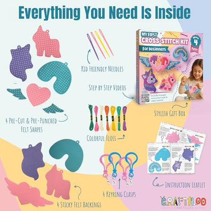 Unicorn Cross Stitch Kit for Kids Ages 6-12 - 4 Felt Beginner Projects - style: Unicorn (4 Projects)