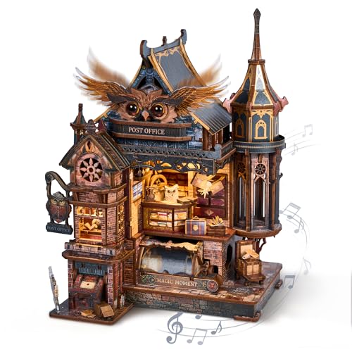 FUNPOLA LED 3D Wood Puzzle Owl Post Office, Dynamic Model with Mechanical Gears, DIY Miniature Kit with Music and LED Lights, Home Décor Gift for Adults