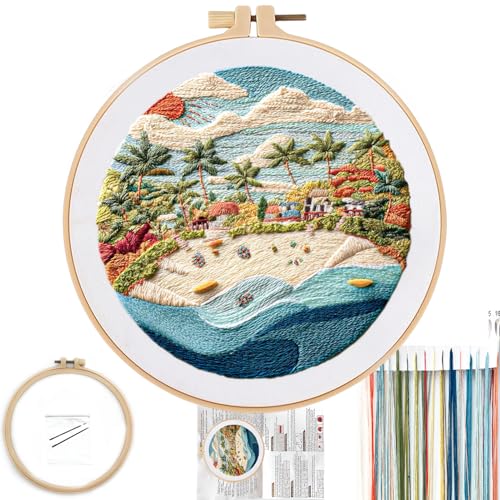FONNUY Beach Ocean Embroidery Kit, Cross Stitch Kits for Beginners, Handmade Crafts with Printed Patterns for Beginner Adults, Easy to Follow Color Thread Needlework, 8'' Hoop (Coconut Tree) - color: Coconut Tree