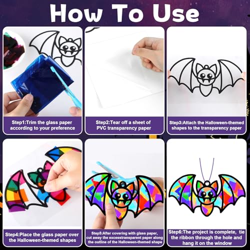 QOUBAI 32 Sets Halloween Bats Suncatchers Craft Kit DIY Window Stained Glass Effect Halloween Bats Paper Crafts Home School Classroom Decoration Kid Birthday Gift Creative Art Project Activity Game - style: Halloween Bat