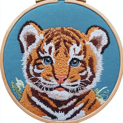 DIY Punch Needle Kits Cartoon Tiger Portrait with Hoop 20x20cm-1 - color: 22-Tiger
