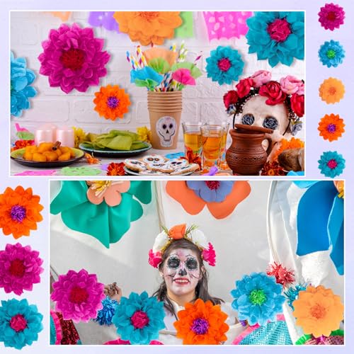 Gejoy 20 Pcs Tissue Paper Flowers for Wall, 3D Pom Poms, Mexican - color: Bright Color