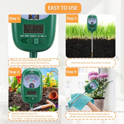 7-in-one Soil Test Kit, Soil Moisture Meter/PH Meter/Sunlight Intensity/Fertility Soil Tester, LCD Display Air & Soil Hygrometer Temperature for Hous Plants Garden, Farm, Lawn Care Moisture Meter