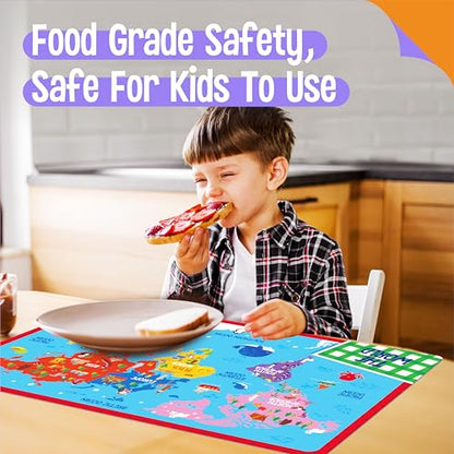 6 Pack Placemats for Kids, Non-Slip Washable, Reusable Alphabet, Number, Shape & Color, Universe, Map Themed Educational Placemats for Home, Kindergarten, Classroom, Nursery - style: Style-A