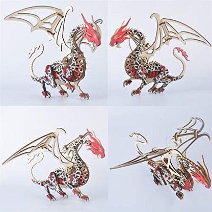 3D Wooden Puzzles Laser Engraving DIY Safe Assembly Constructor Kit Toy for Teens and Adults World Animal Mechanical 3-D Models for Self-Assembly (Flying Dragon)