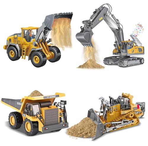 Remote Control Excavator (11-Channel), Dump Truck, Bulldozer, Loader (9-Channel), 2.4GHz Remote Control Construction Vehicles, Made of ABS, with Cool Lights and Sound Effects, 4-Pcs - color: Excavator Four-piece Set