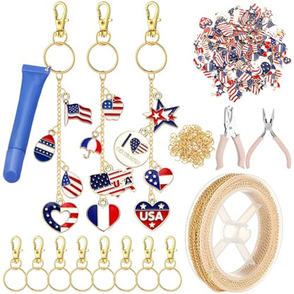 VioraWhite 213 Pcs 4th of July Lip Gloss Keychain Making Kit for 250th Anniversary 100 Red White Blue Enamel Charms Lip Balm 32.81 ft Chains for Independence Day Patriotic DIY Crafts Women - style: 4th of July Theme