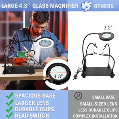 Drdefi Magnetic Helping Hands Soldering Station 12X Magnifying Lamp Large Base Third Hand Jewelry Tool Hands Free Magnifier Weighted Base with 4 Magnetic Pillar Crafts Making Electronic Hobby - size: Large Base+4 Pillar