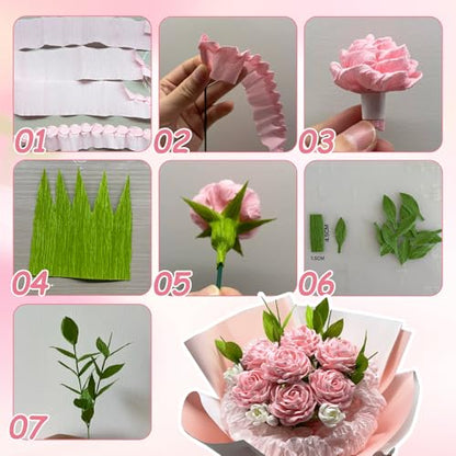 Crepe Paper Streamers 10 Rolls–Pastel Paper Flower Kit with 100 Stems&Tools - color: Pink