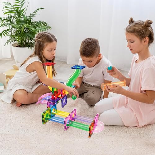 PicassoTiles Magnetic Tiles Marble Run Building Blocks Rainbow Color with Slide Drop Funnels Tubes STEM Educational Toy Set Compatible Durable Construction Kit for Kids Age 3+ Preschool Learning PTG40 - style: Marble Run 40pcs