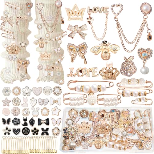 Junk Sock Charms Kit, Brooches and Pins for Women, Bag Charms Safety Pins - color: Gold