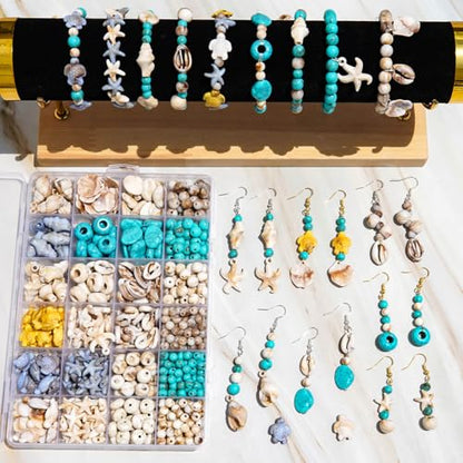 600+Pcs Ocean Beads Kit Seashell Starfish Turtle for Bracelet Making - color: Beige+Sea Blue