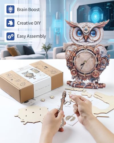 3D Puzzles for Adults-Wooden Owl Clock Puzzle DIY Wall Clock Model Kit