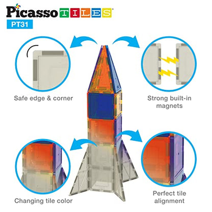 PicassoTiles UV Activated Color Changing Rocket Set Magnet Construction Toy Kit Engineering STEM Learning Playset Child Brain Development Stacking Blocks Playboard for All Ages 3 and Up PT31 - color: Uv Activated Color Changing