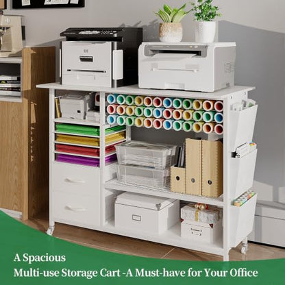 VENNQD Large Heat Press Table Stand, Rolling Heat Transfer Machine Desk Cart Drawers Compatible with Cricut Machines Vinyl Roll Holder DIY Organizer Crafting Table Workbench (White) - color: White