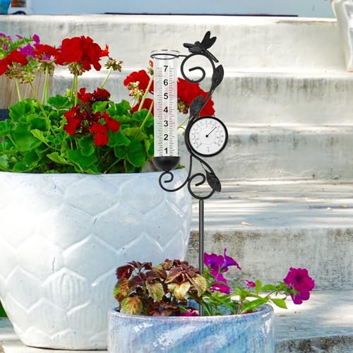 36in Dragonfly Rain Gauge Thermometer Black Metal Garden Stake Decor - color: Black Dragonfly