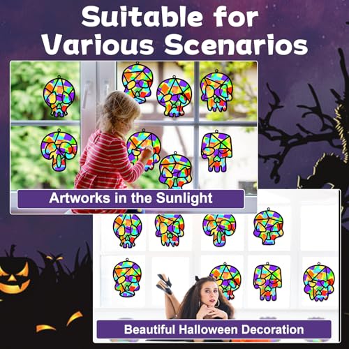 Lonfliness 32 Sets Sugar Skull Suncatchers Crafts Kit DIY Day of The Dead Window Stained Glass Effect Paper Halloween Dia de Los Muertos Easter Art Craft Creative Activity Project Gift Favor - style: Halloween Skull