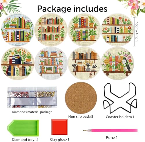 Diamond Art Coasters Kit, 8 Pieces Books Diamond Painting Coasters Kit - color: Bookshelf