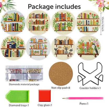 Diamond Art Coasters Kit, 8 Pieces Books Diamond Painting Coasters Kit - color: Bookshelf