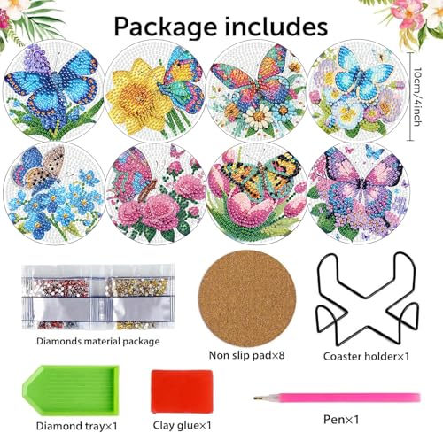 8 Pcs Diamond Art Coasters Kits, Butterfly Diamond Painting Coasters Kits - color: Butterfly