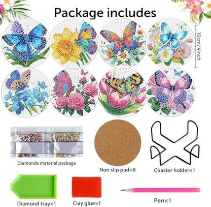 8 Pcs Diamond Art Coasters Kits, Butterfly Diamond Painting Coasters Kits - color: Butterfly