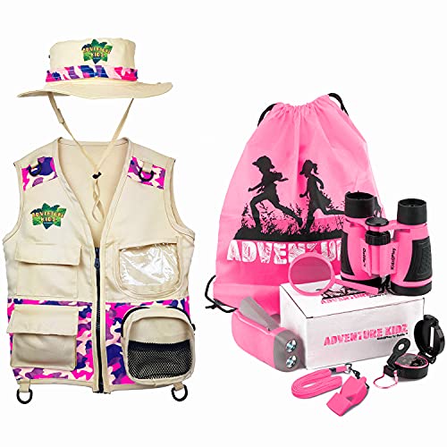 Adventure Kidz Outdoor Explorer Kit - Pink Adventure Kit and Pink Vest and Hat Bundle, 8 Items