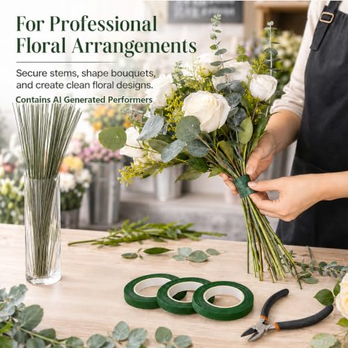 RAINFLOW Floral Tape & Floral Wire Set, 22 & 26 Gauge with Boutonniere Pins