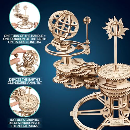 UGEARS Mechanical Tellurion 3D Puzzle - 3D Wooden Puzzled for Adults, Solar System Model Kit, Wooden Model Kits for Adults to Build, Mechanical Models Brain Teaser Puzzle