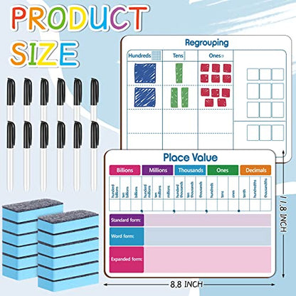 Qeeenar 12 Set Place Value Chart Dry Erase Whiteboard for Classroom Wall